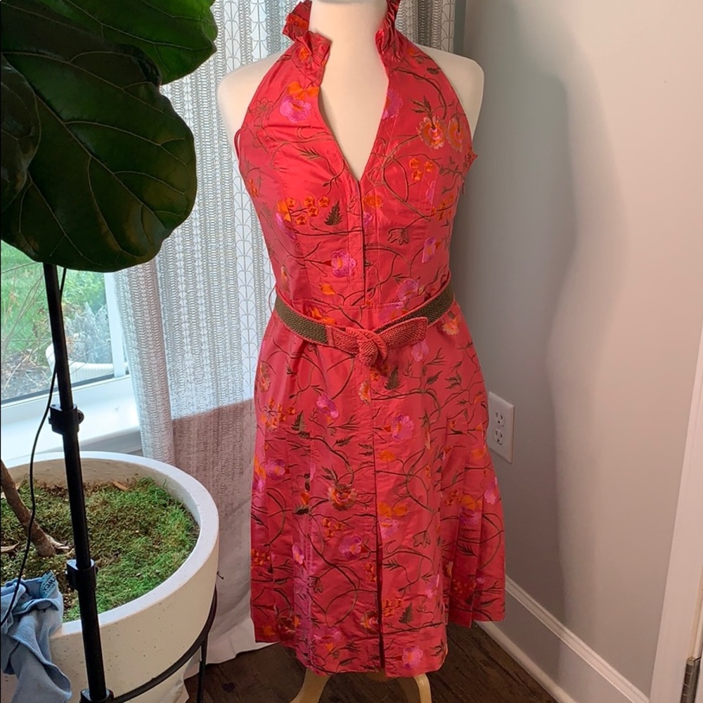 Etcetera silk halter dress 8 embroidered coral